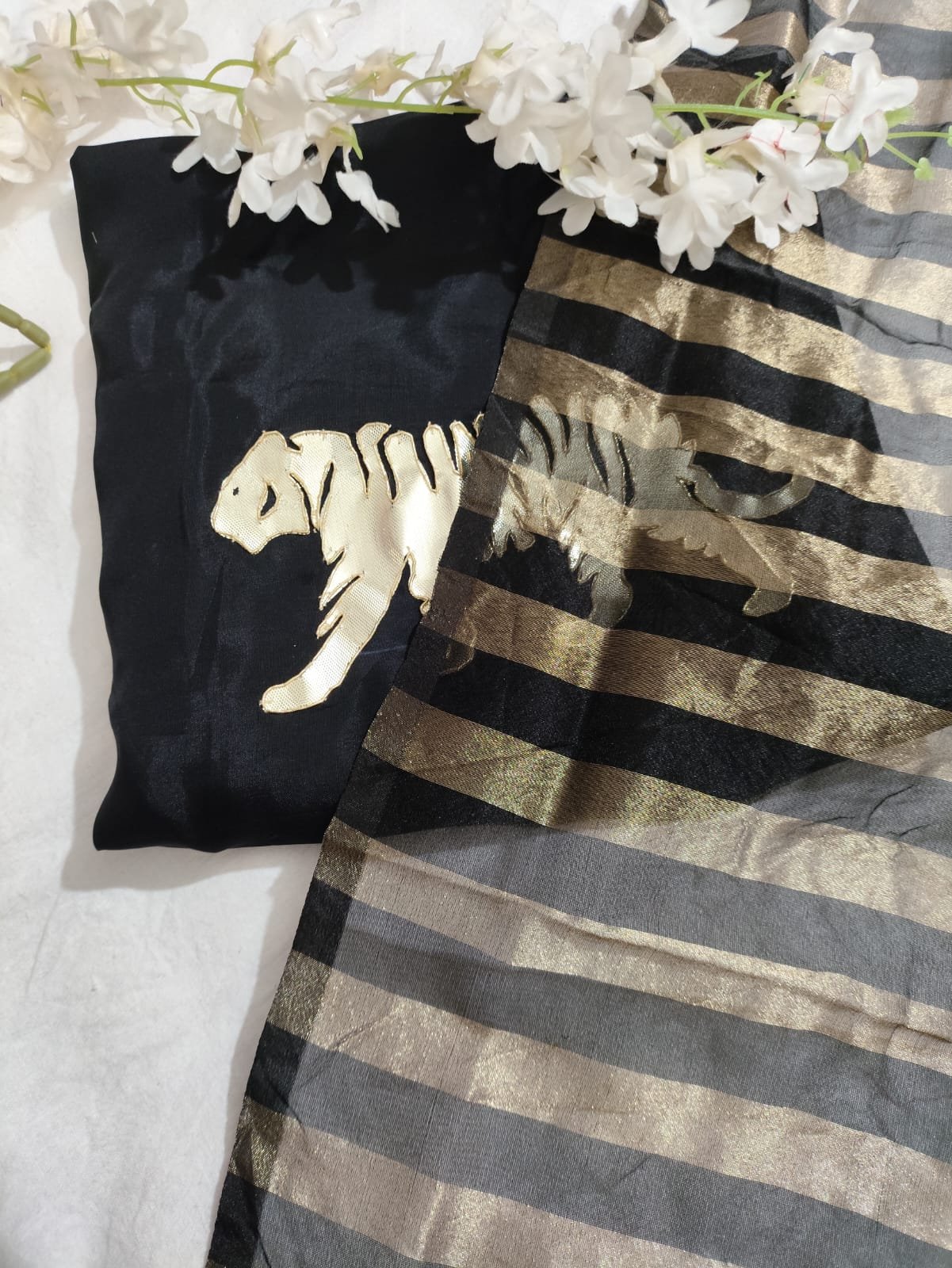 Stripe Tissue Saree with Animal Patch Blouse